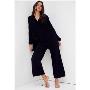 Free People Beach Hailee High Rise Pull-On Chunky Knit Wide Leg Pant Black Large